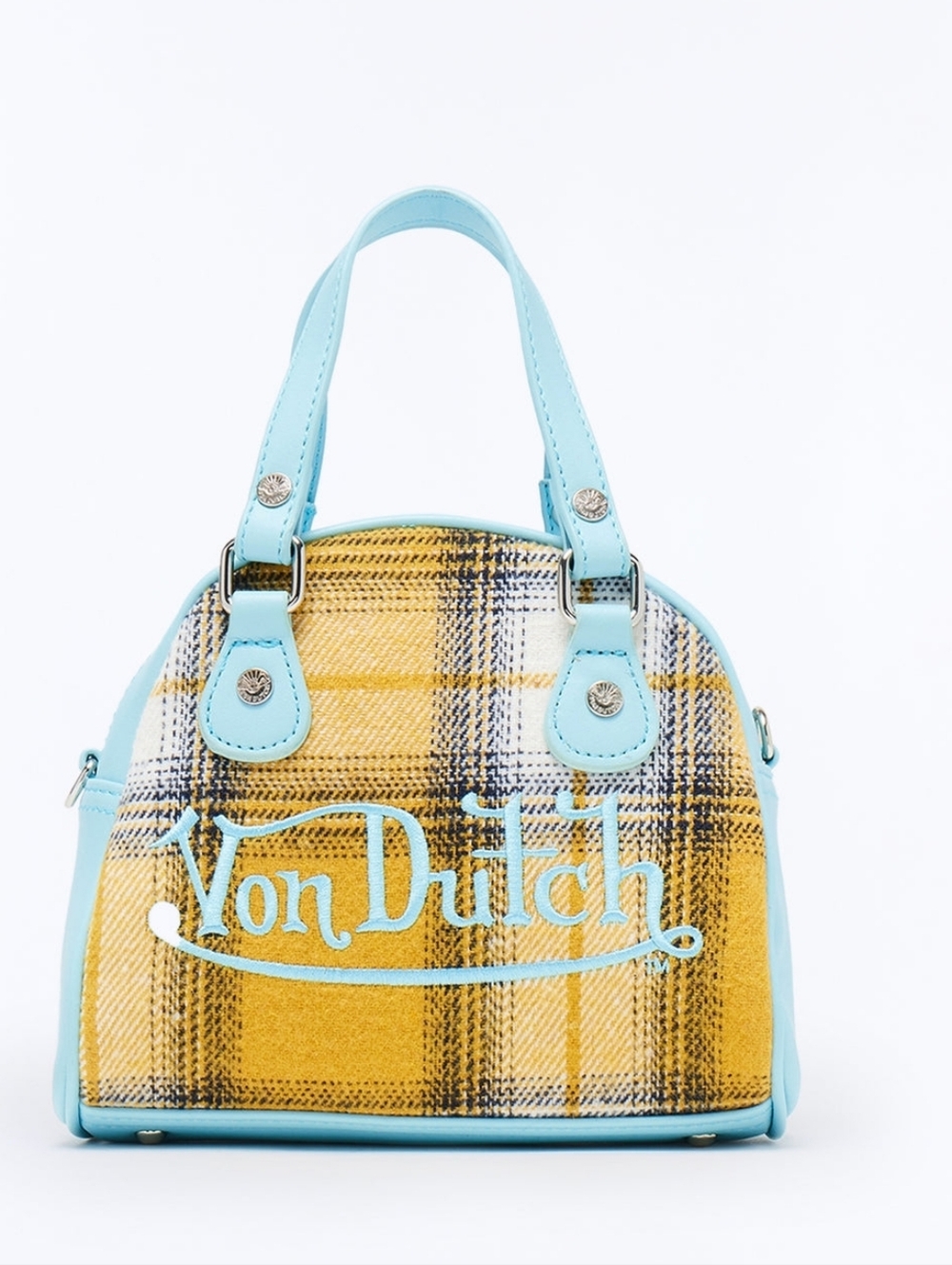Von Dutch Yellow Plaid Mini Satchel with Sky Blue Trim - Picture 2 of 5